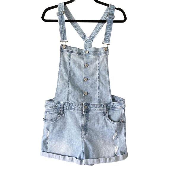Celebrity Pink Light Wash Distressed Denim Overall Shorts Large  Rolled Hem - Picture 1 of 8